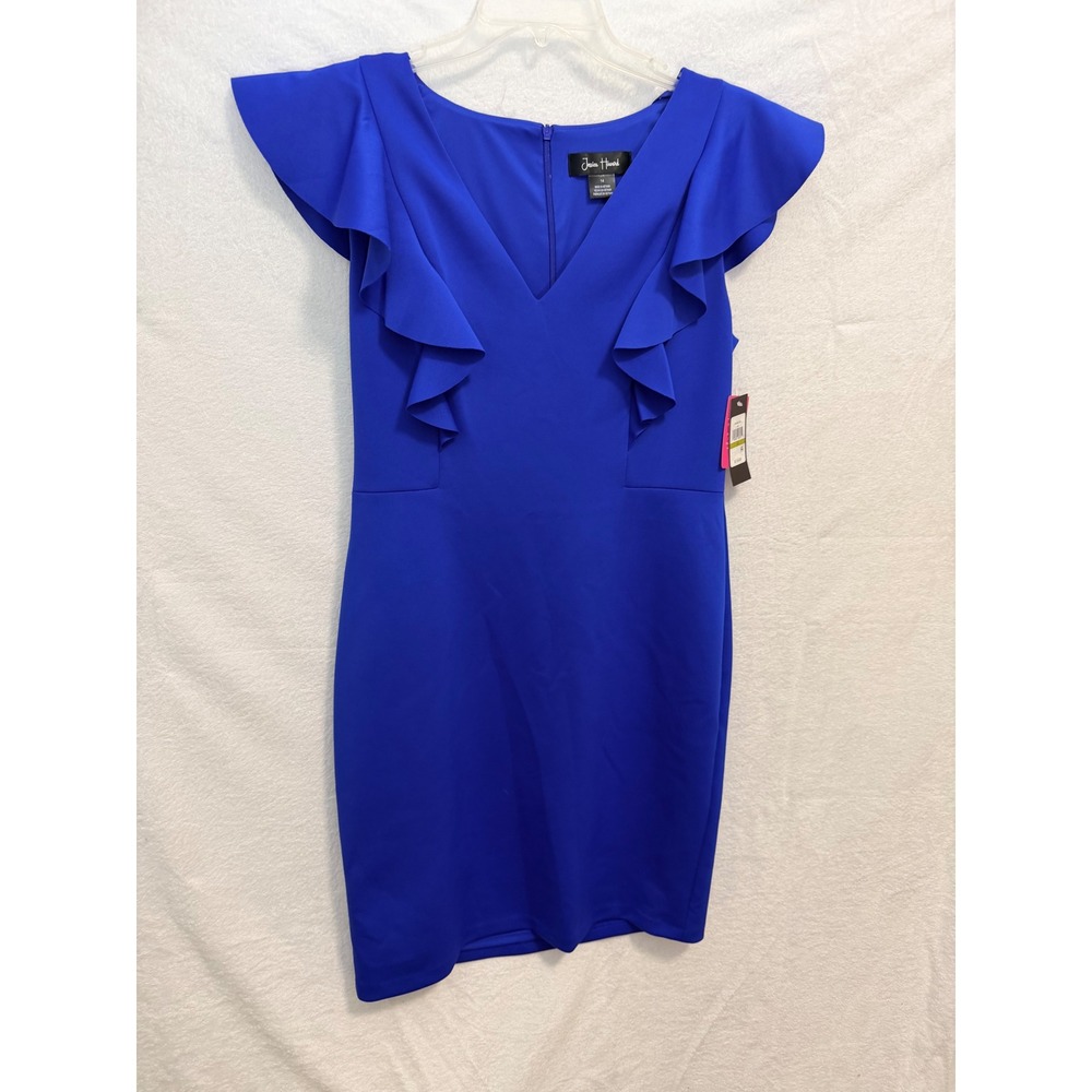Jessica Howard Womens Cobalt Blue Ruffle V-Neck Sheath Dress BK4M3240 Size 14
